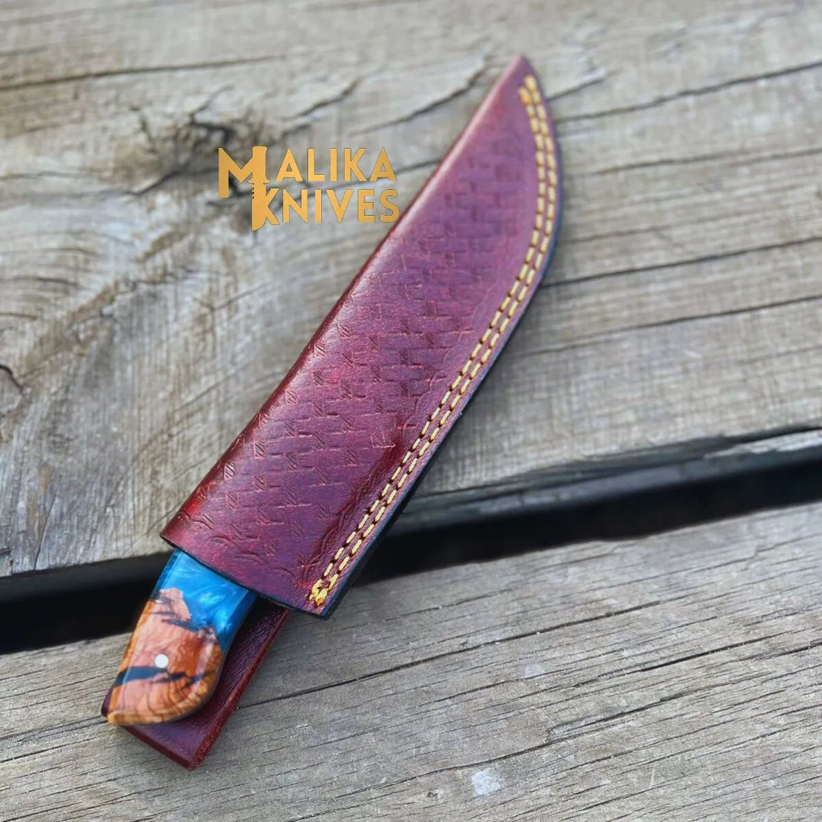 Handmad Damascus Steel Skinner Knife - Rosewood & Resin Handle - Leather Sheath - Ultimate Outdoor Companion-0024