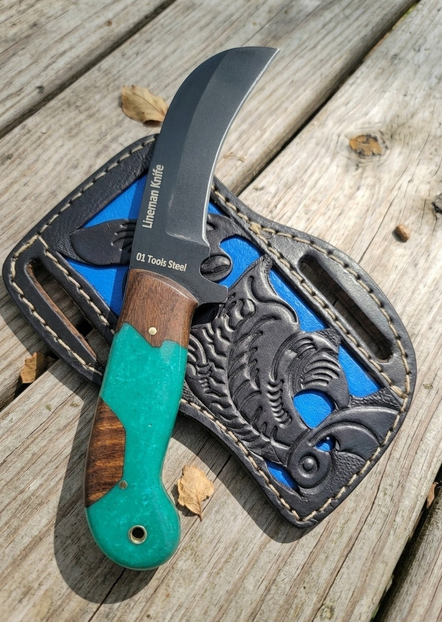 Handmade lineman knife turquoise resin and wood handle details 38