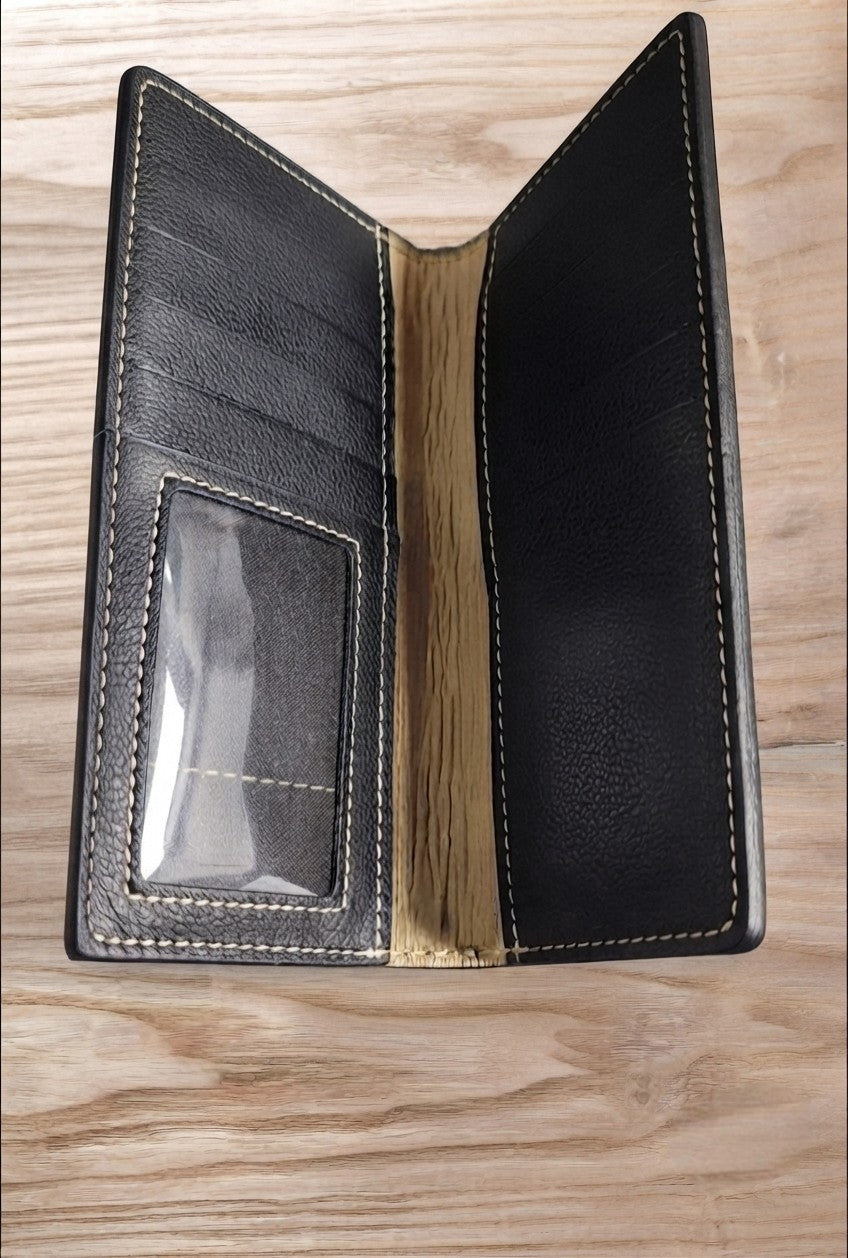 Hand tooled leather wallet cross with hair on hide
