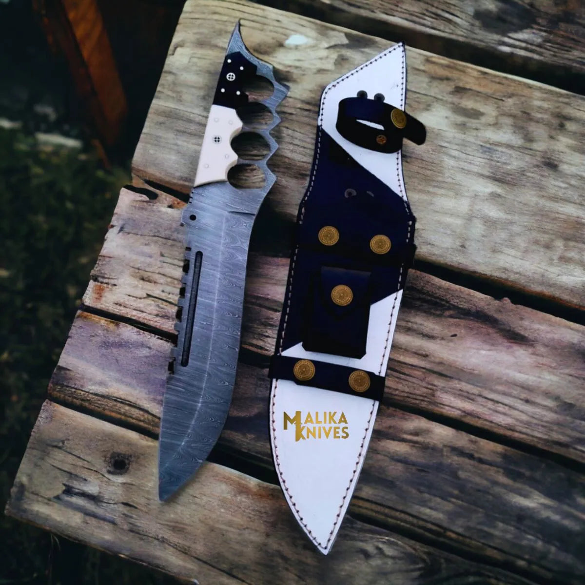 Black White Damascus Knuckle Bowie Knife Resin Handle