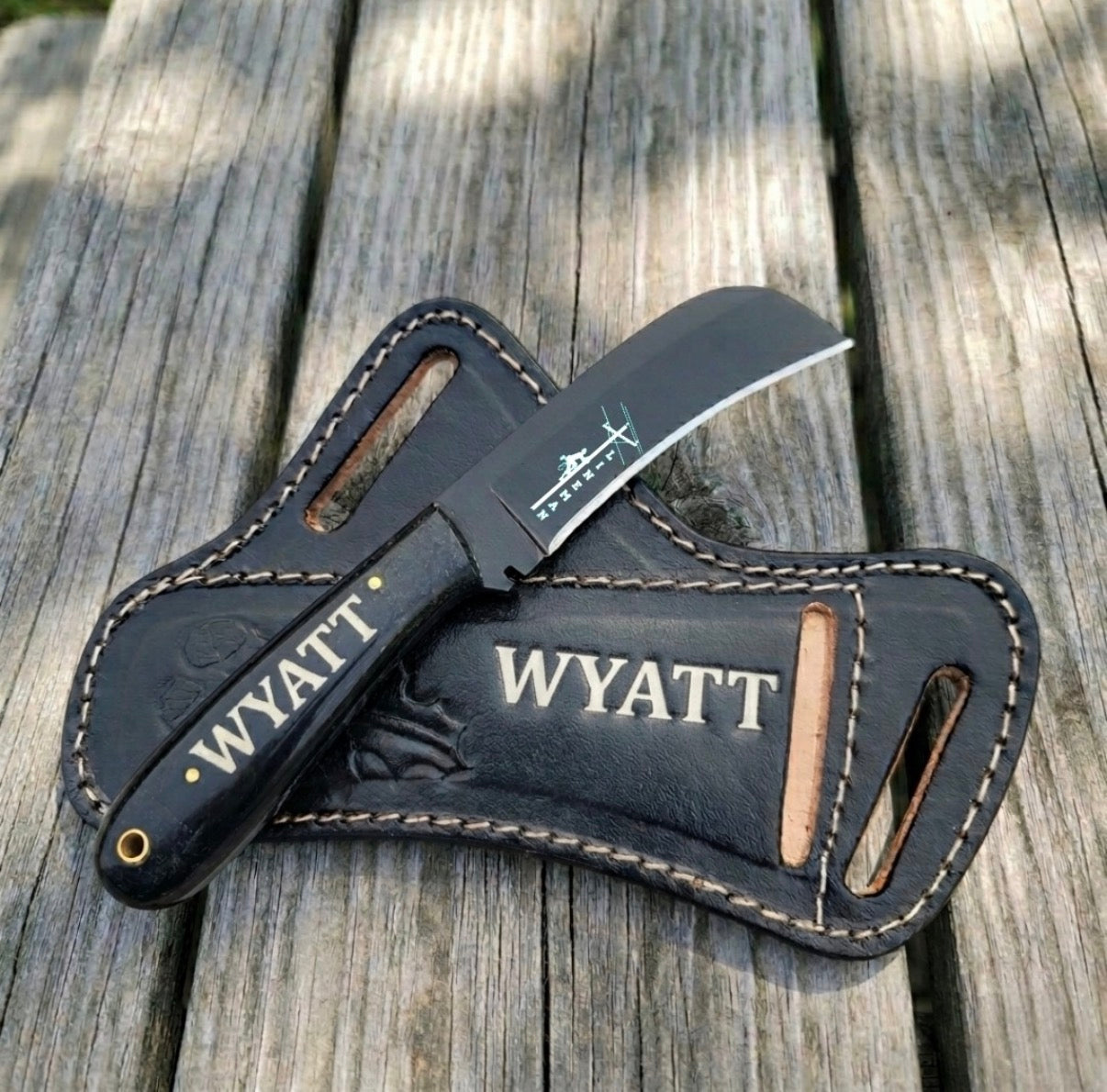Personalized Hawkbill Knife with leather sheath 042