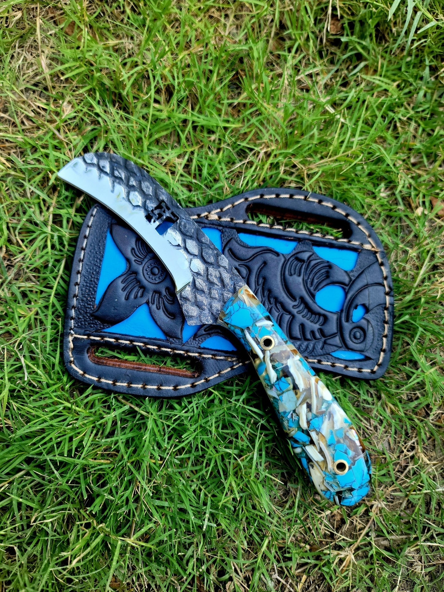Mother of pearl hawkbill knife with sheath 047