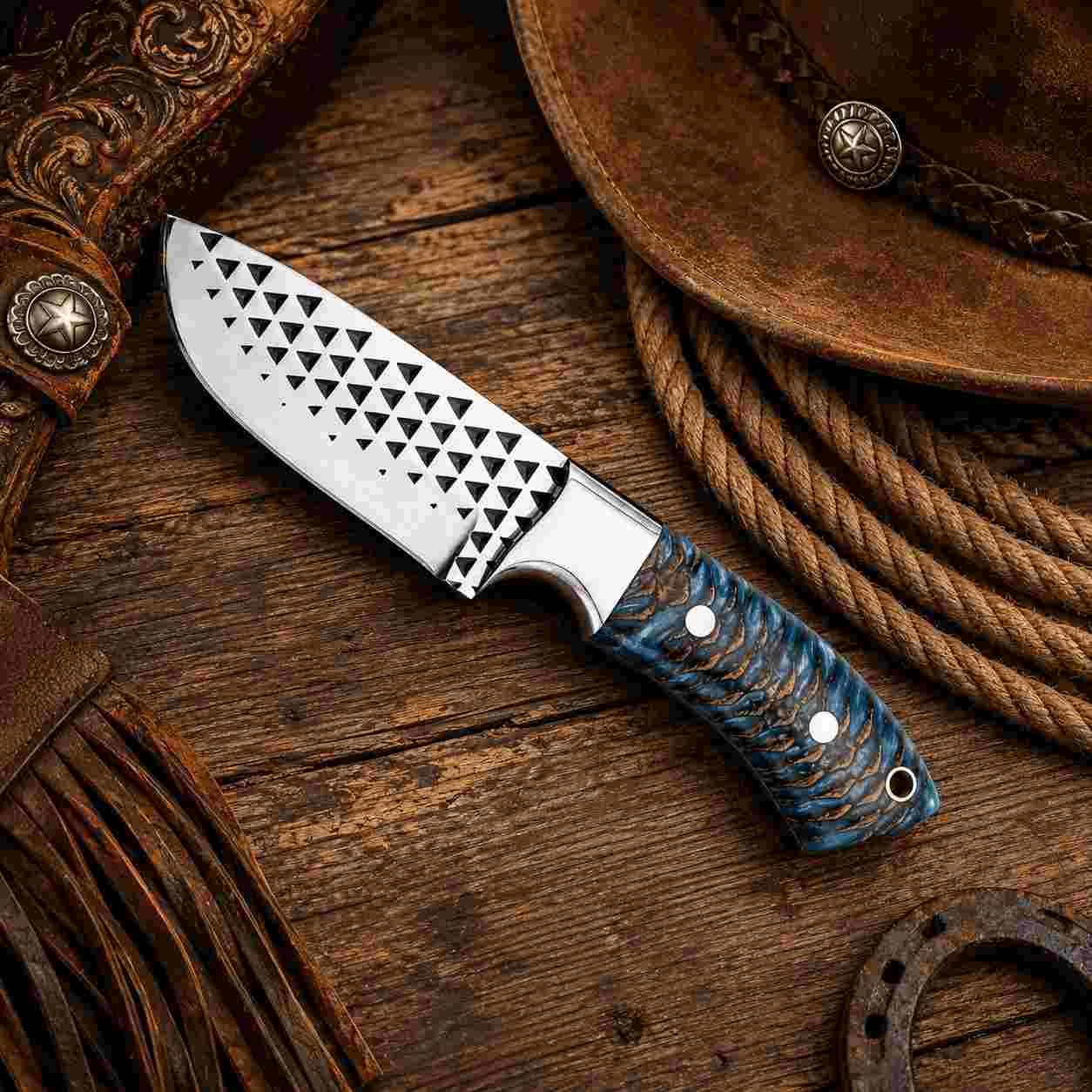 Rasp Steel Cowboy Knife with Pine Cone Handle & Leather Sheath