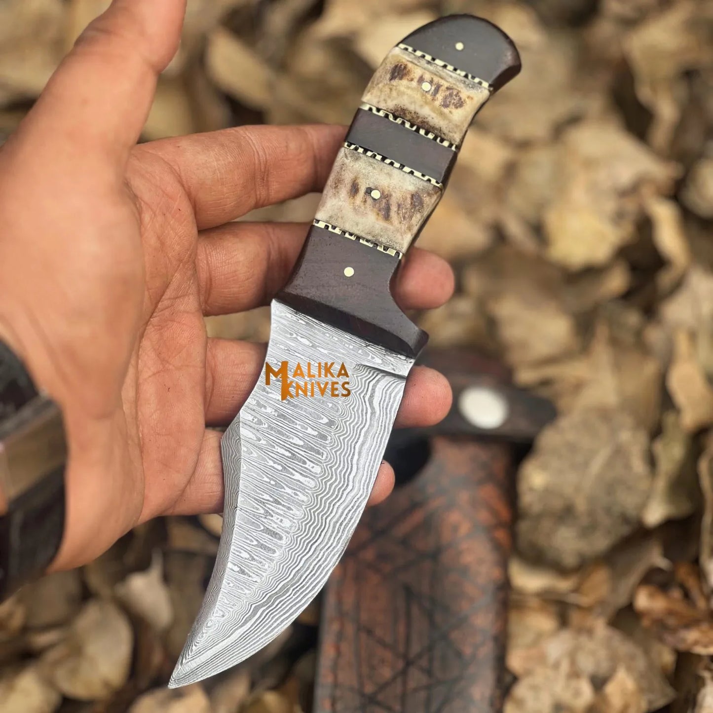 SS Damascus Stag Skinner Knife with Custom Leather Sheath-0047