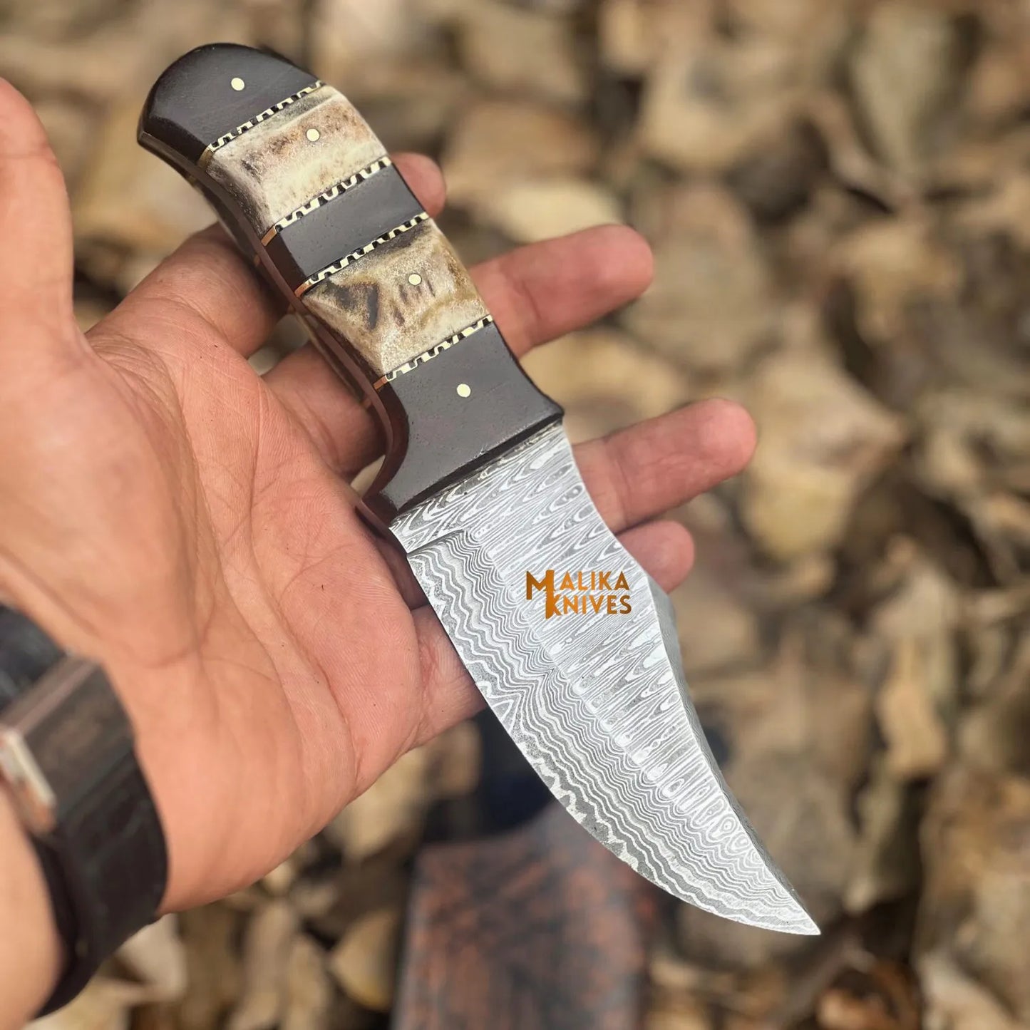 SS Damascus Stag Skinner Knife with Custom Leather Sheath-0047