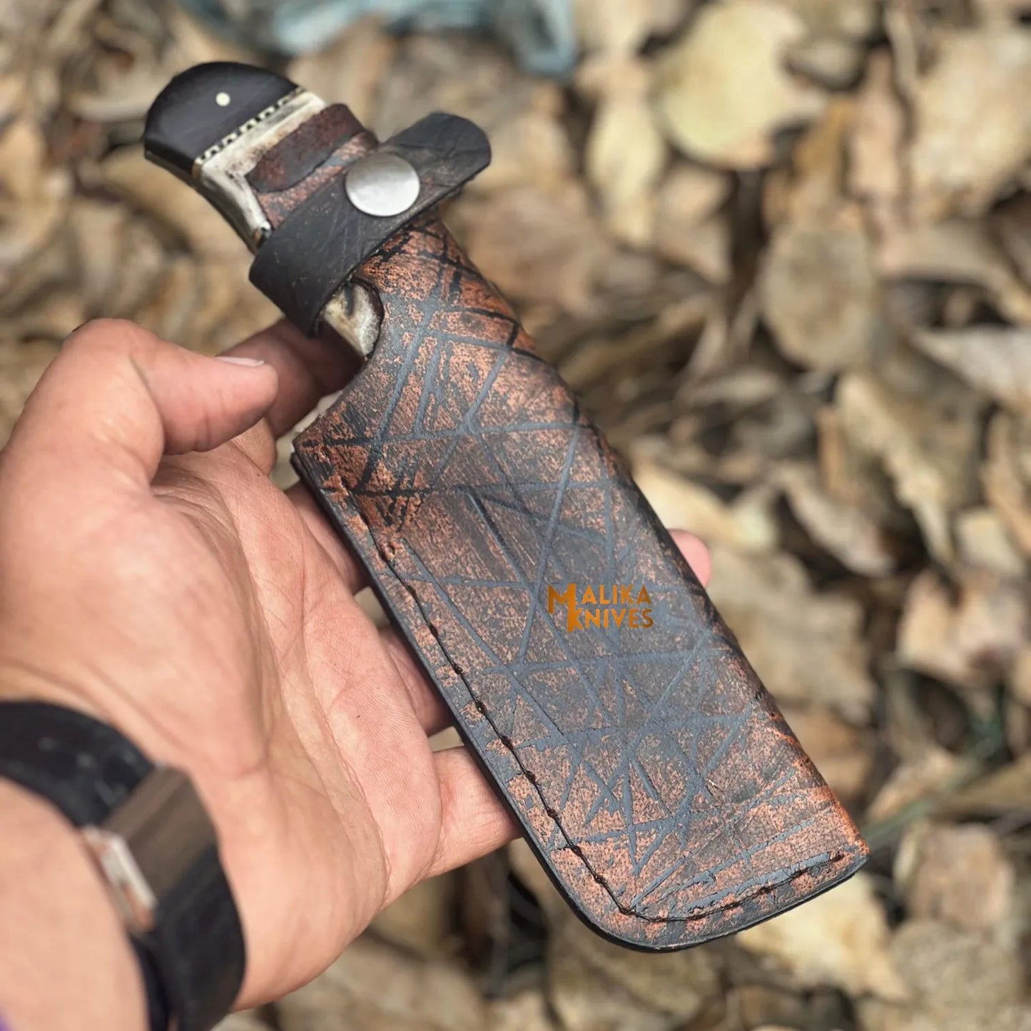 SS Damascus Stag Skinner Knife with Custom Leather Sheath-0047