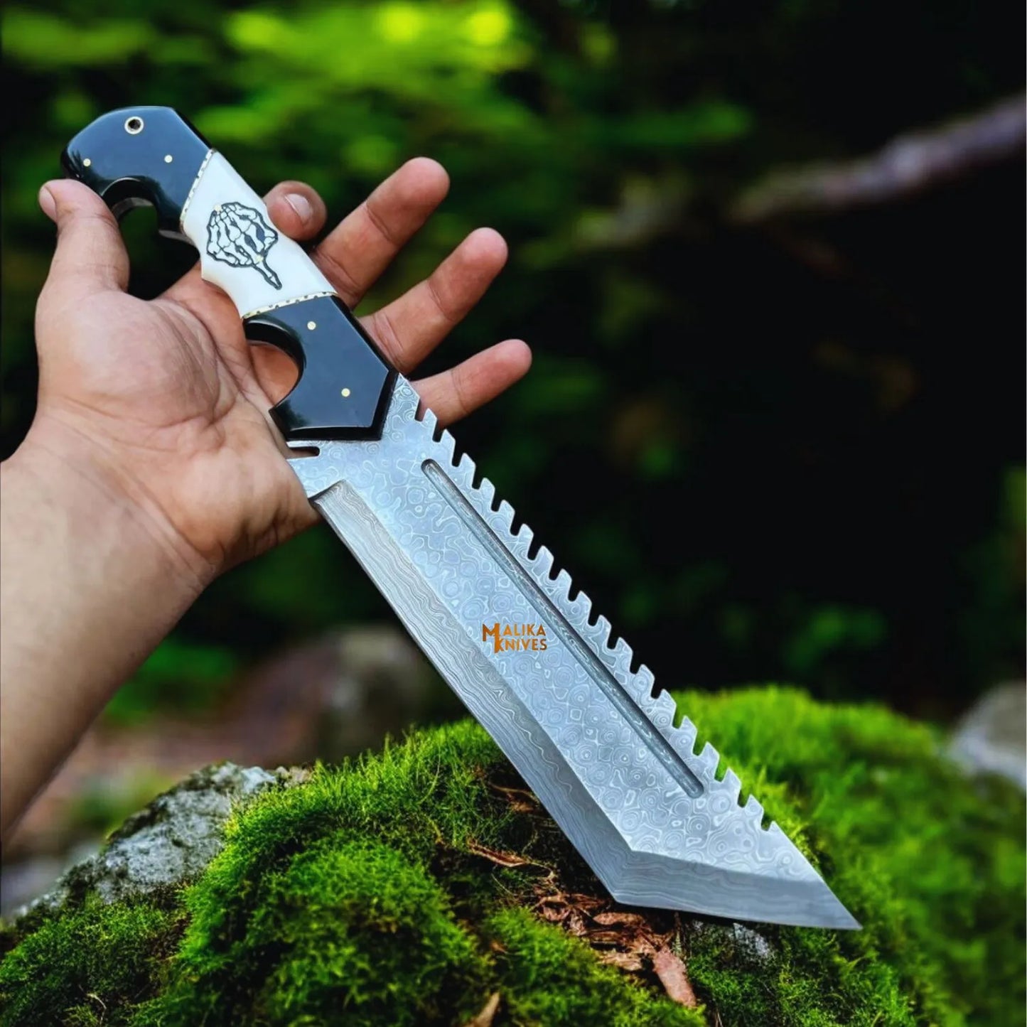 Damascus Tracker Bowie Knife Resin Handle Outdoor Sheath