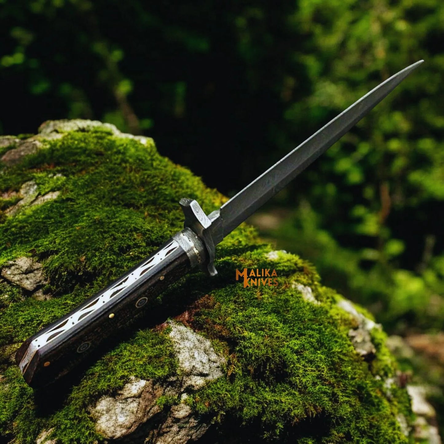 Feather Damascus Bowie Knife G10 Handle Leather Sheath