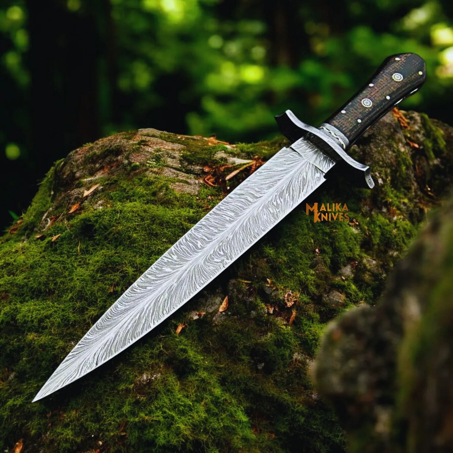 Feather Damascus Bowie Knife G10 Handle Leather Sheath