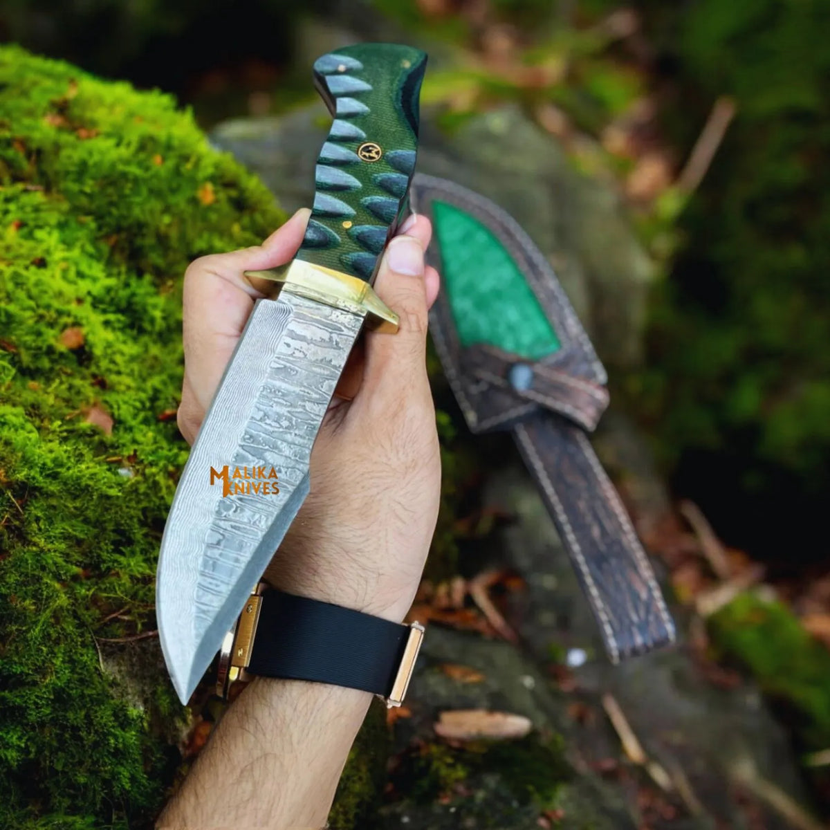 Damascus Bowie Hunting Knife with G10 Handle & Leather Sheath