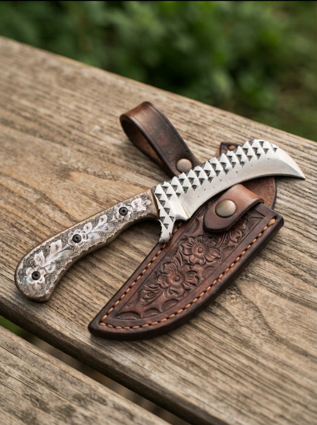 Lineman RSAP knife and tooled leather sheath