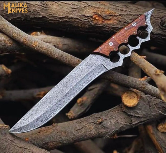 Knuckle Bowie Knife Damascus Steel Rosewood Handle