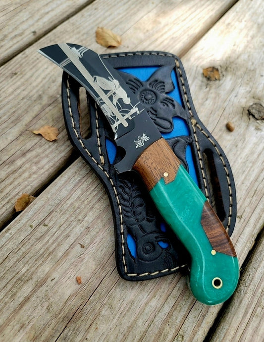 Handmade lineman knife turquoise resin and wood handle details 38
