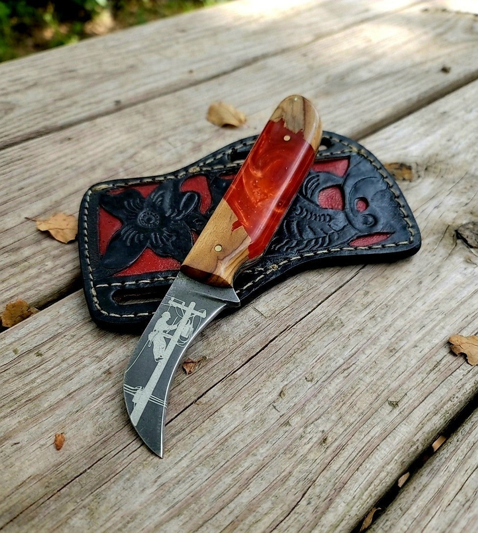 Handmade lineman knife and leather sheath 39