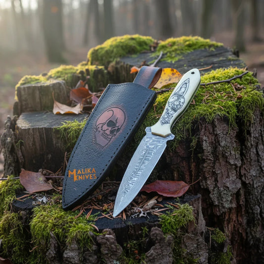 Custom Hunting Dagger Knife – Skull Engraved Camel Bone Handle