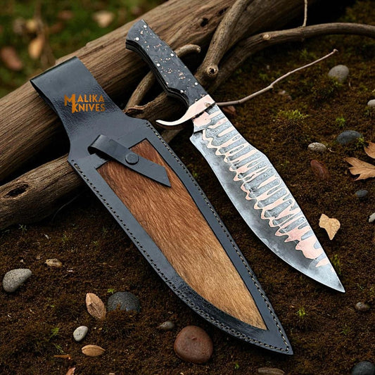 Copper Damascus Bowie Knife | Carbon Fiber Handle