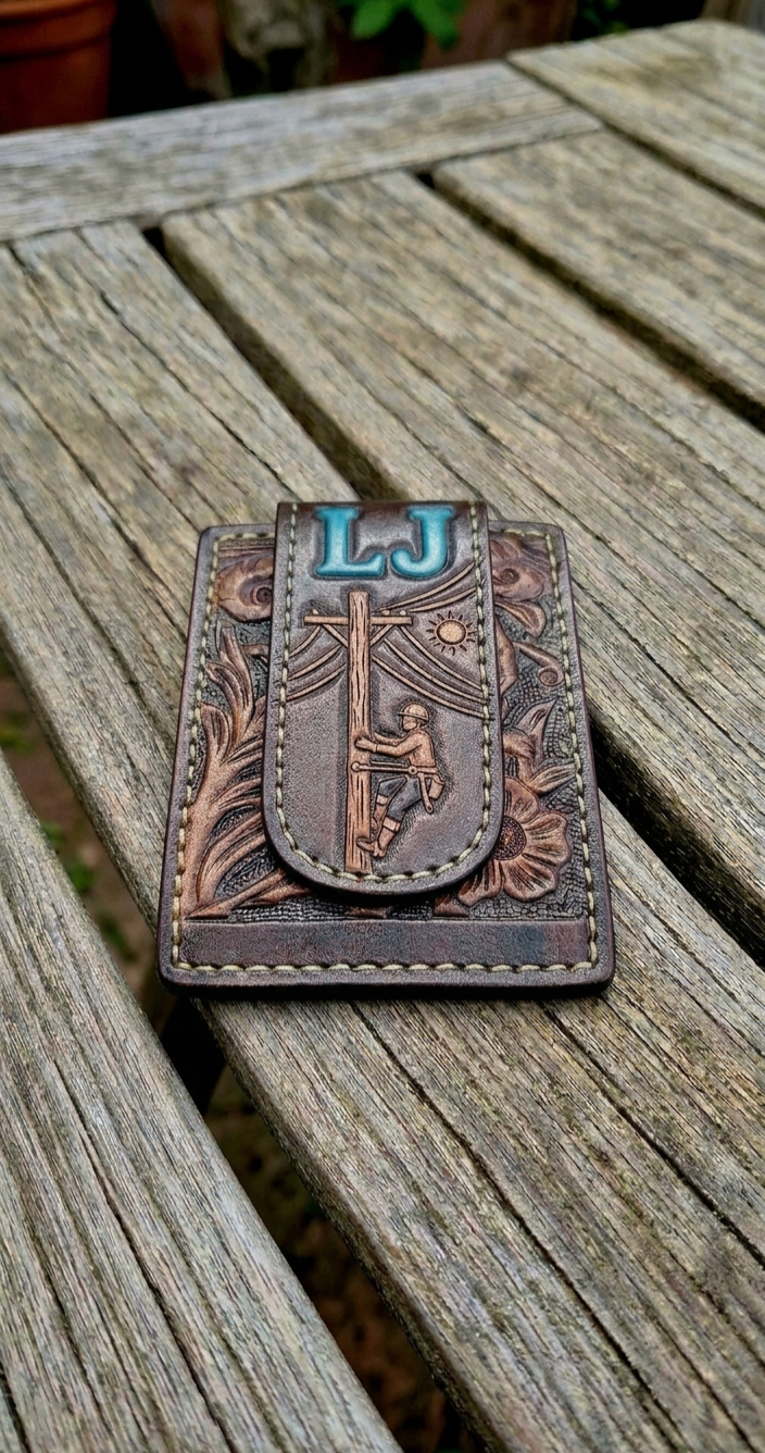 Personalized lineman hand tooled western money clip details