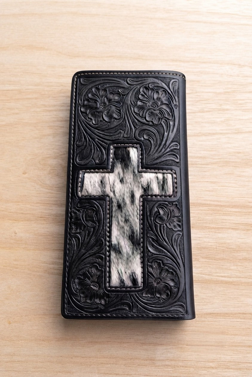 Hand tooled leather wallet cross with hair on hide