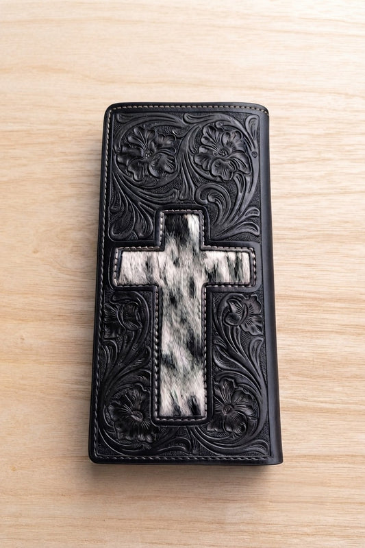 Hand tooled leather wallet cross with hair on hide