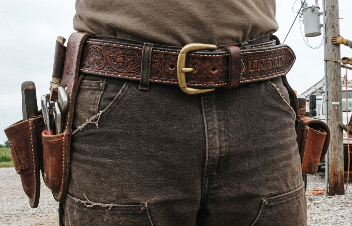 Tooled leather belt for lineman #3