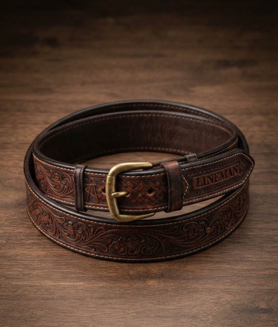 Tooled leather belt for lineman #3