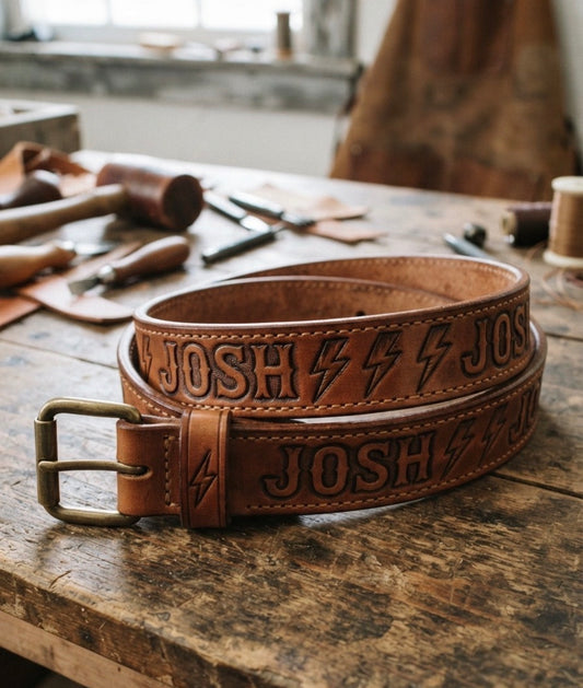 Personalized hand tooled leather belt with lightning bolt