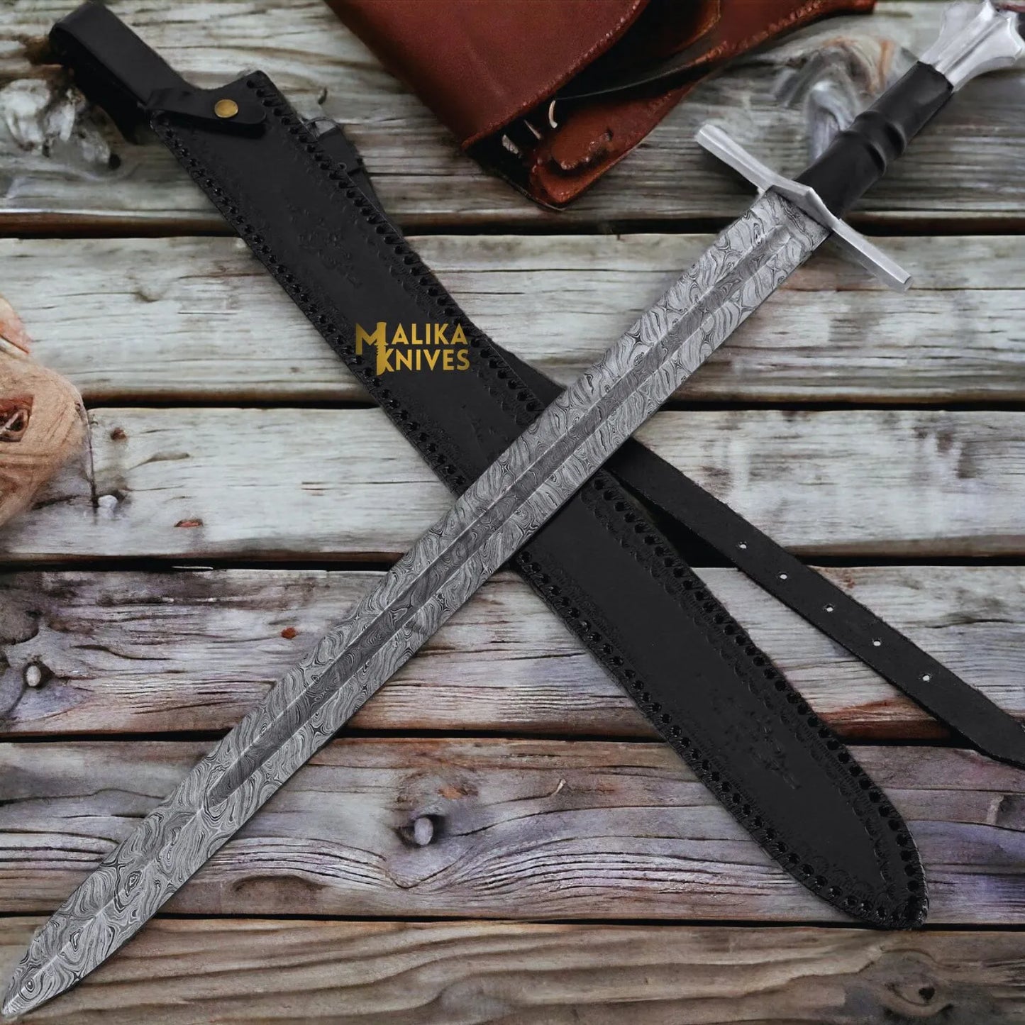 Handmade Medieval Damascus Arming Templar Knight Sword with Leather sheath-901
