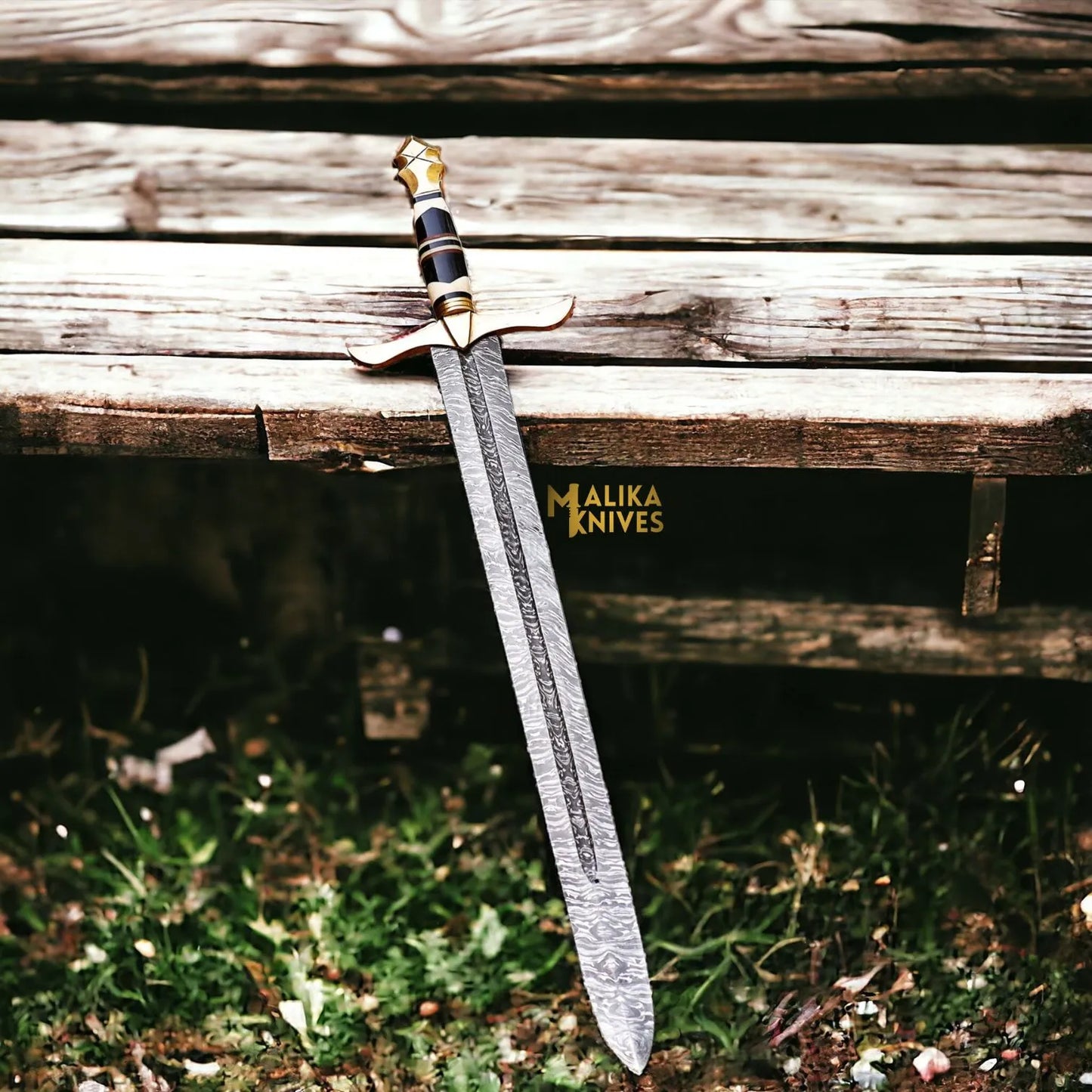 Damascus Battle Medieval sword with Leather sheath-908
