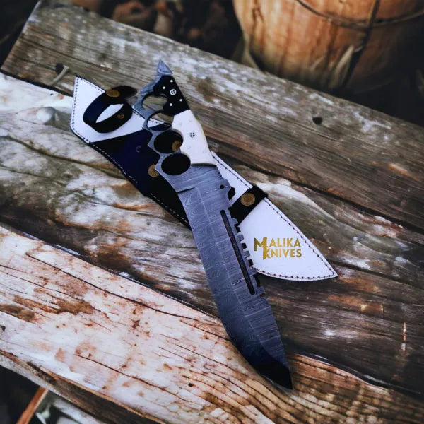 Black White Damascus Knuckle Bowie Knife Resin Handle
