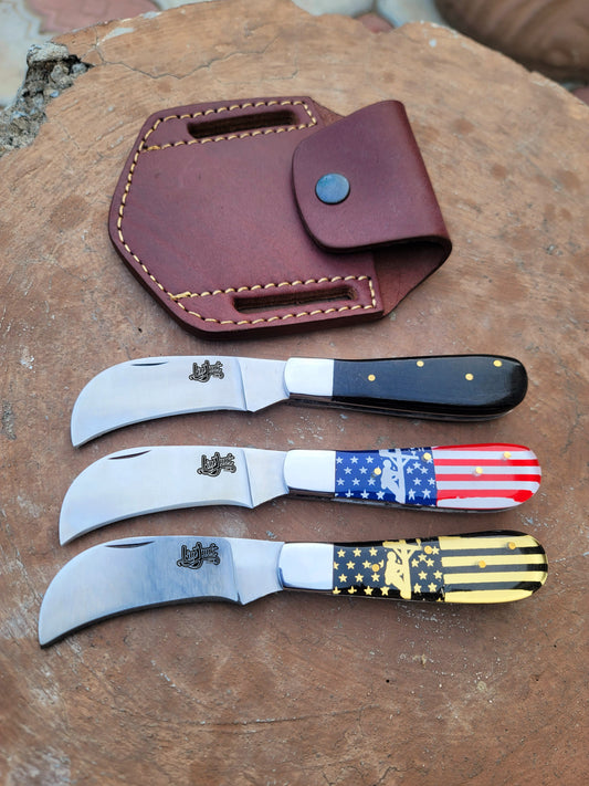 Lineman Hawkbill Folding Knife with leather holster 067