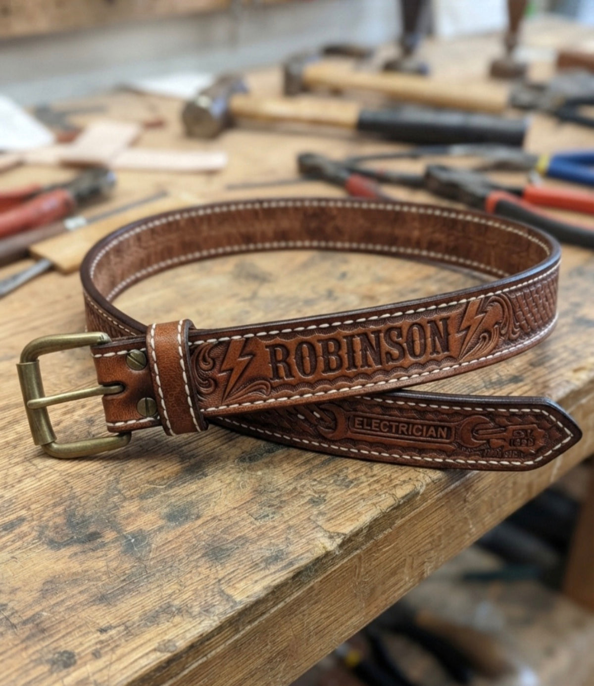 Personalized hand tooled leather belt for electricians