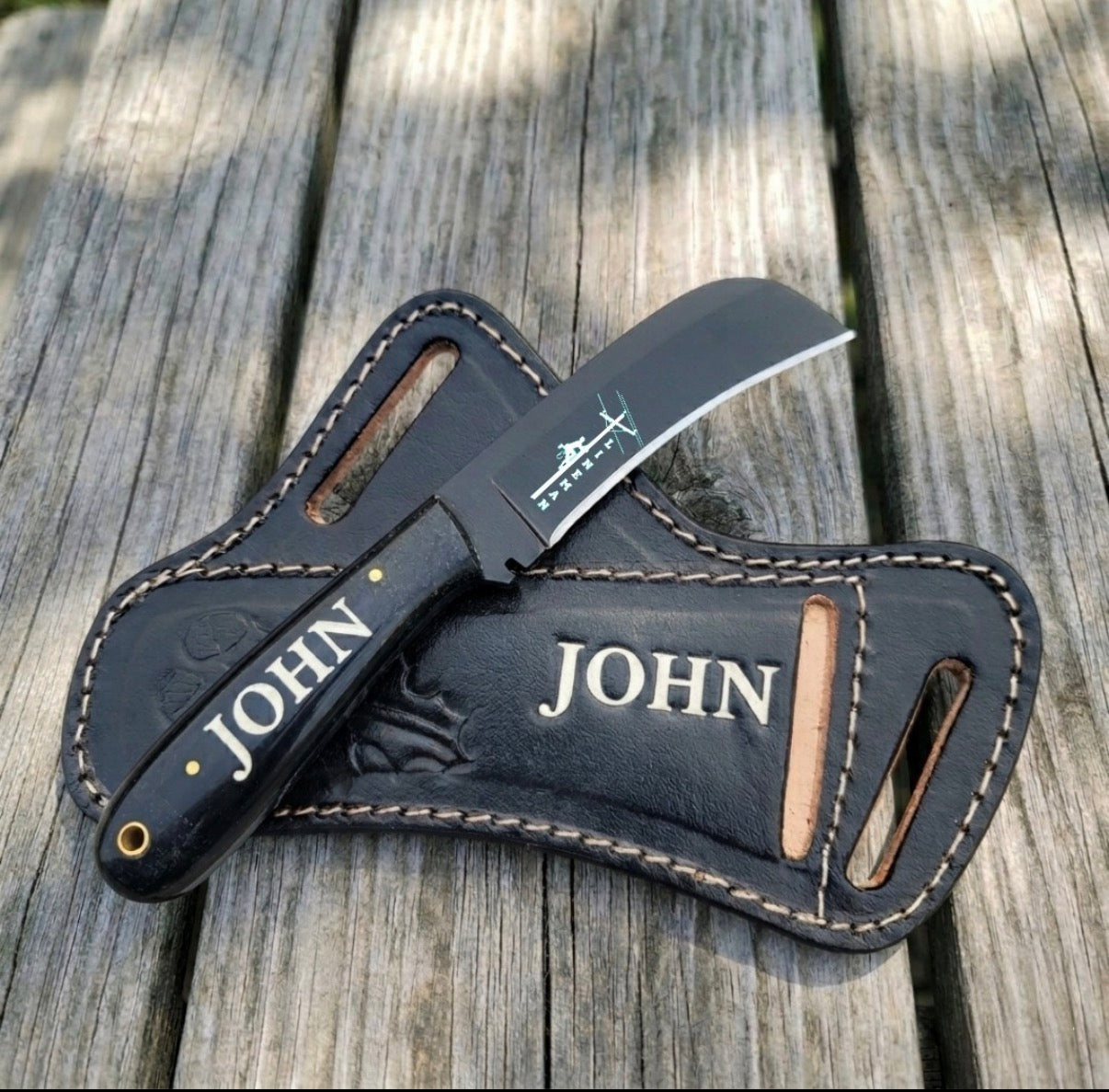 Personalized Hawkbill Knife with leather sheath 042