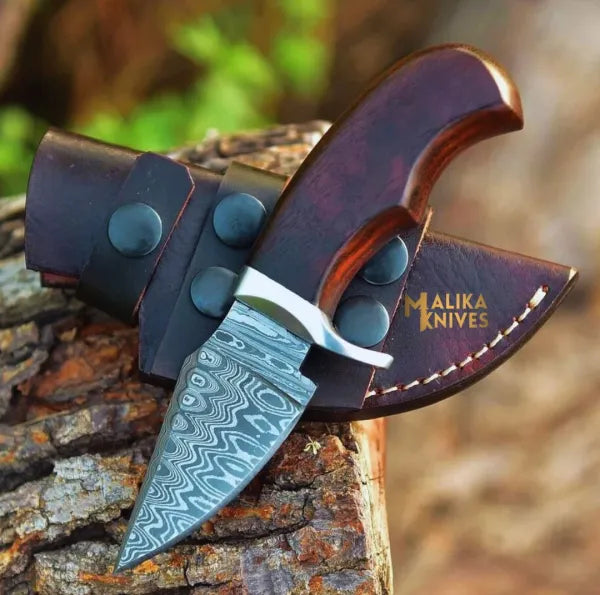 Mini Damascus Hunting Knife with Rosewood Handle