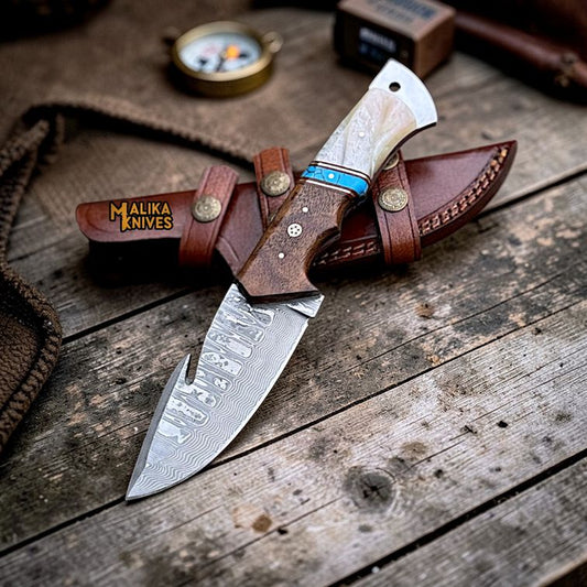 Damascus Gut Hook Hunting Knife with Wood Handle & Sheath