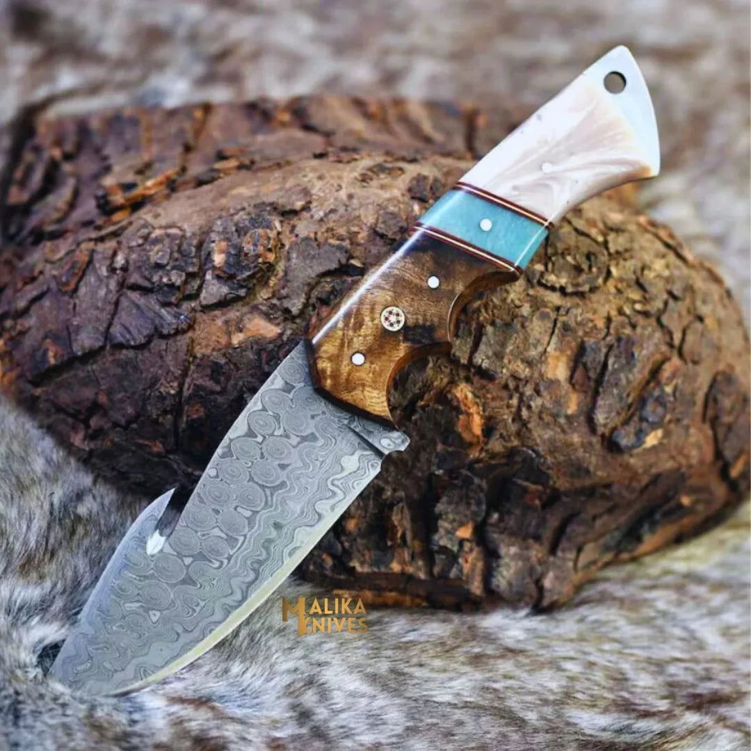 Damascus Gut Hook Hunting Knife Wood Resin Handle