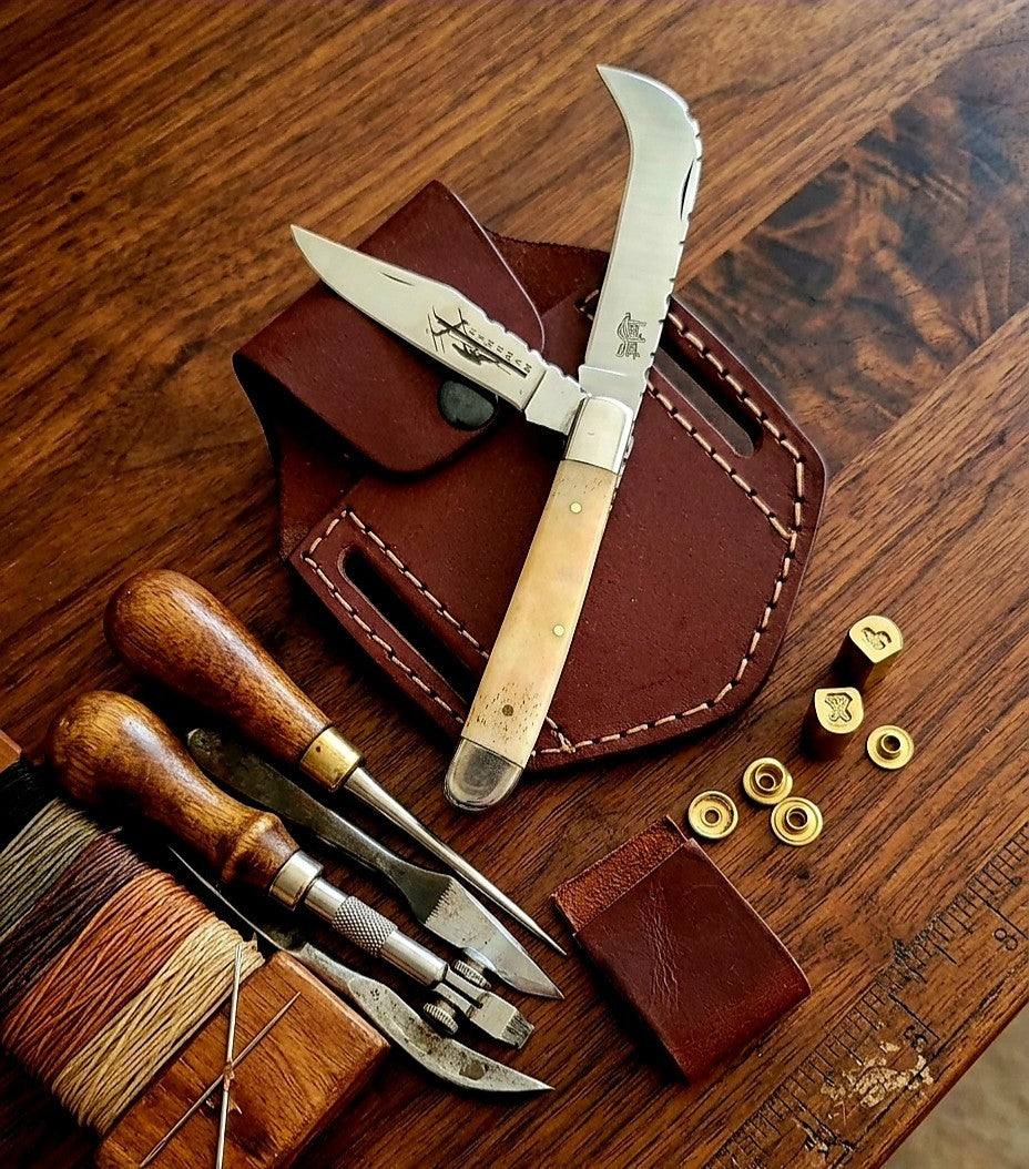 Lineman EDC Folding Knife with Leather Sheath #045