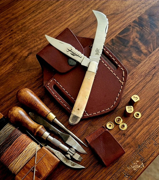 Lineman EDC Folding Knife with Leather Sheath #045