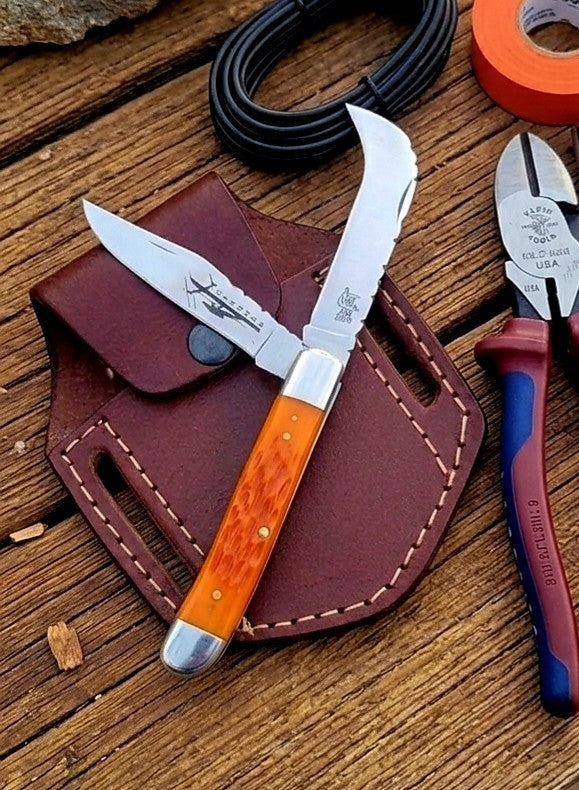 Lineman EDC Folding Knife with Leather Sheath #045