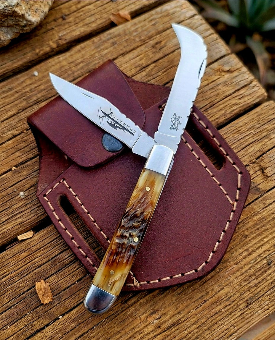 Lineman EDC Folding Knife with Leather Sheath #045