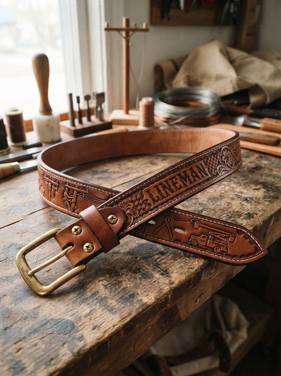 Tooled leather belt for lineman #5