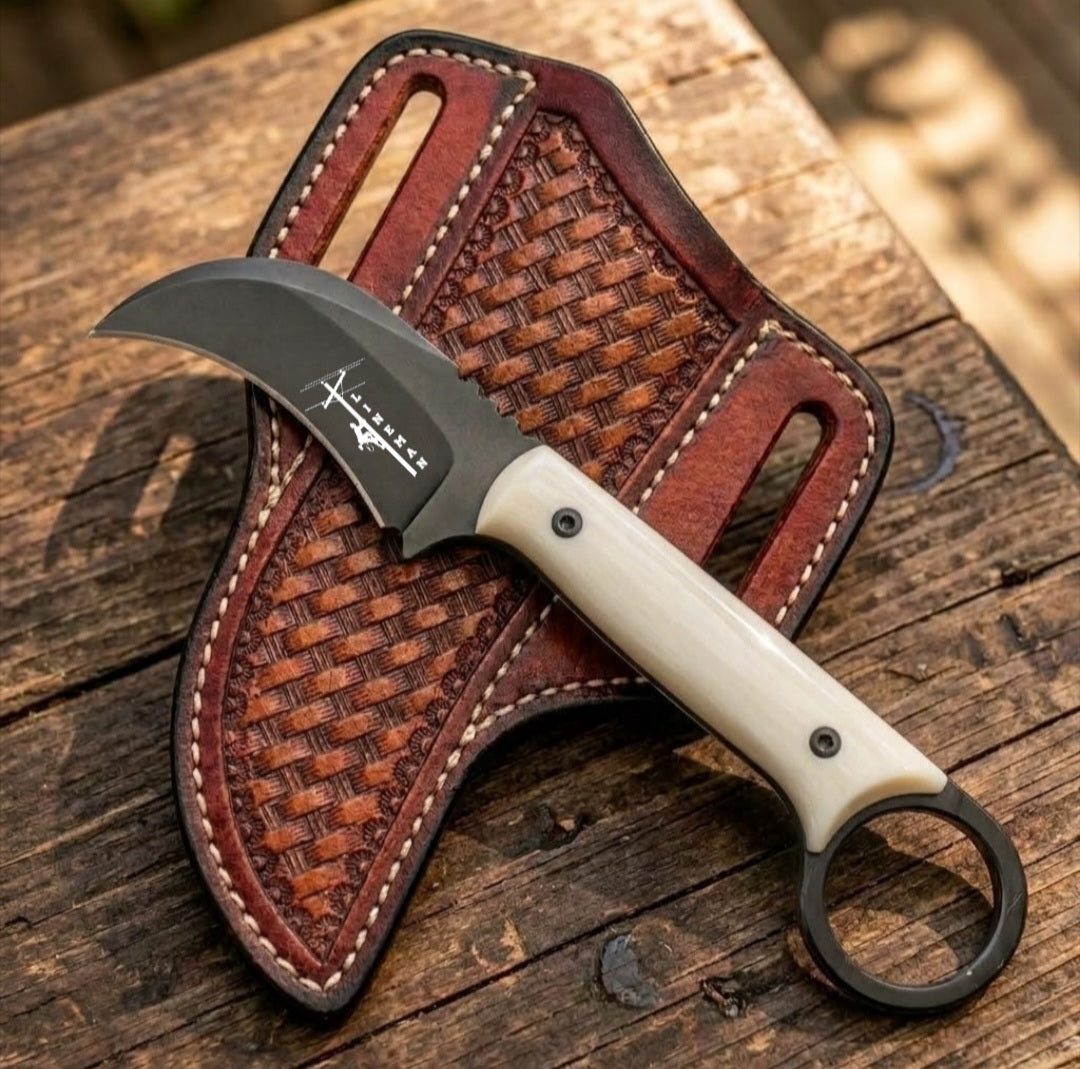 Lineman tool Hawkbill knife with hand tooled leather sheath