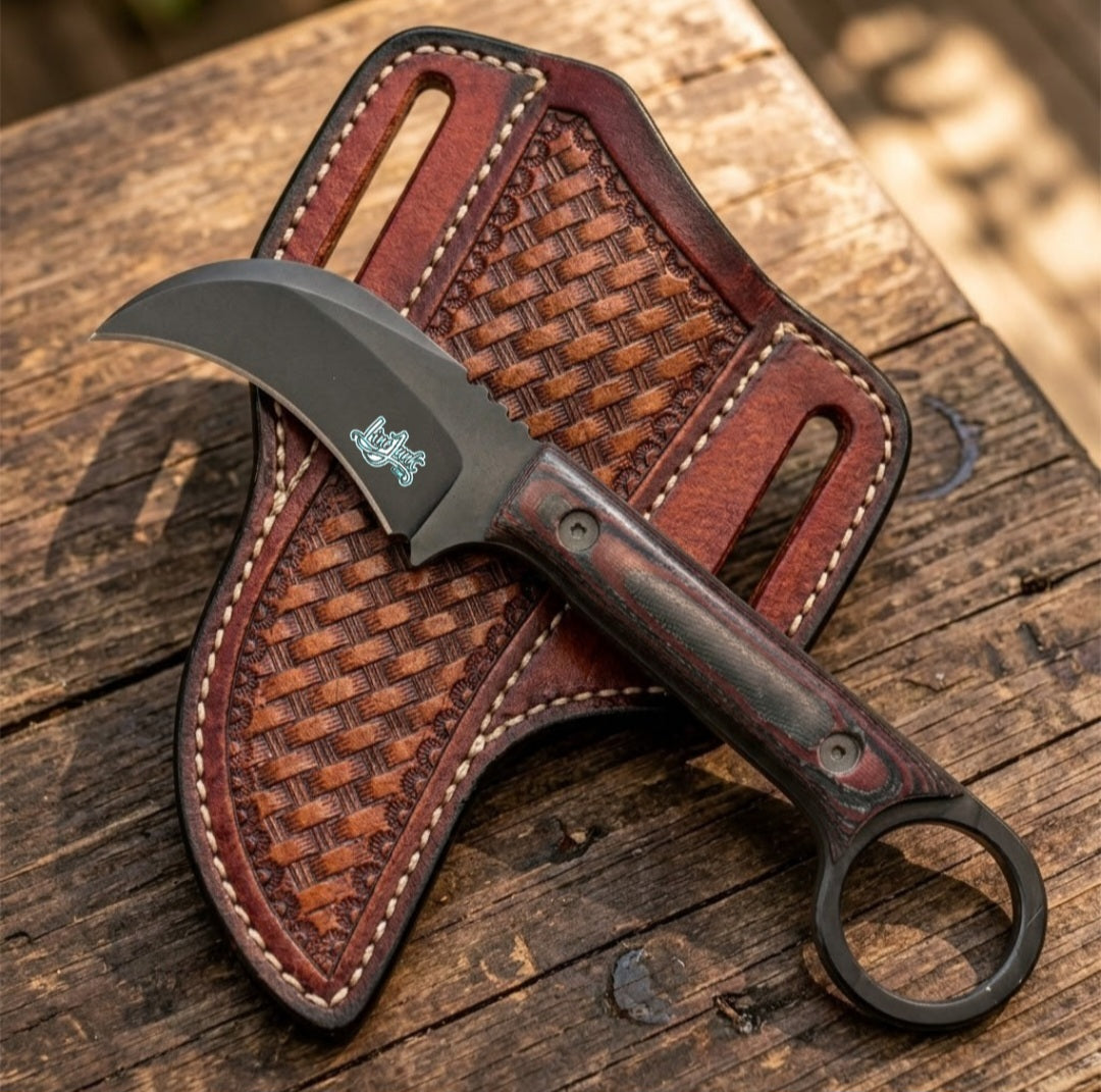 Lineman tool Hawkbill knife with hand tooled leather sheath