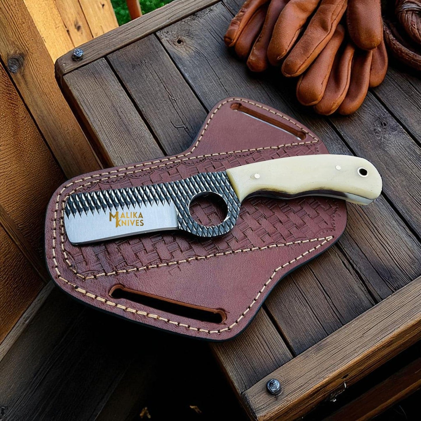 D2 Rasp Steel Bull Cutter Knife Camel Bone Handle