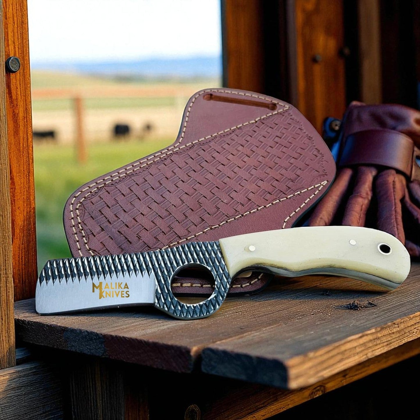 D2 Rasp Steel Bull Cutter Knife Camel Bone Handle