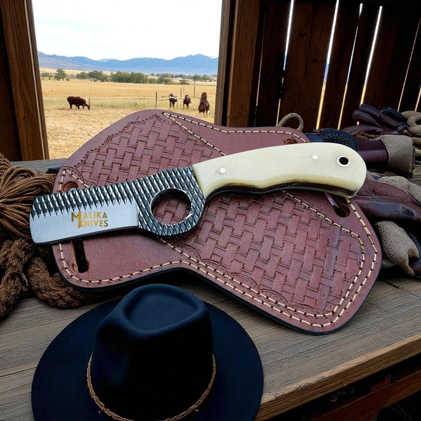 D2 Rasp Steel Bull Cutter Knife Camel Bone Handle