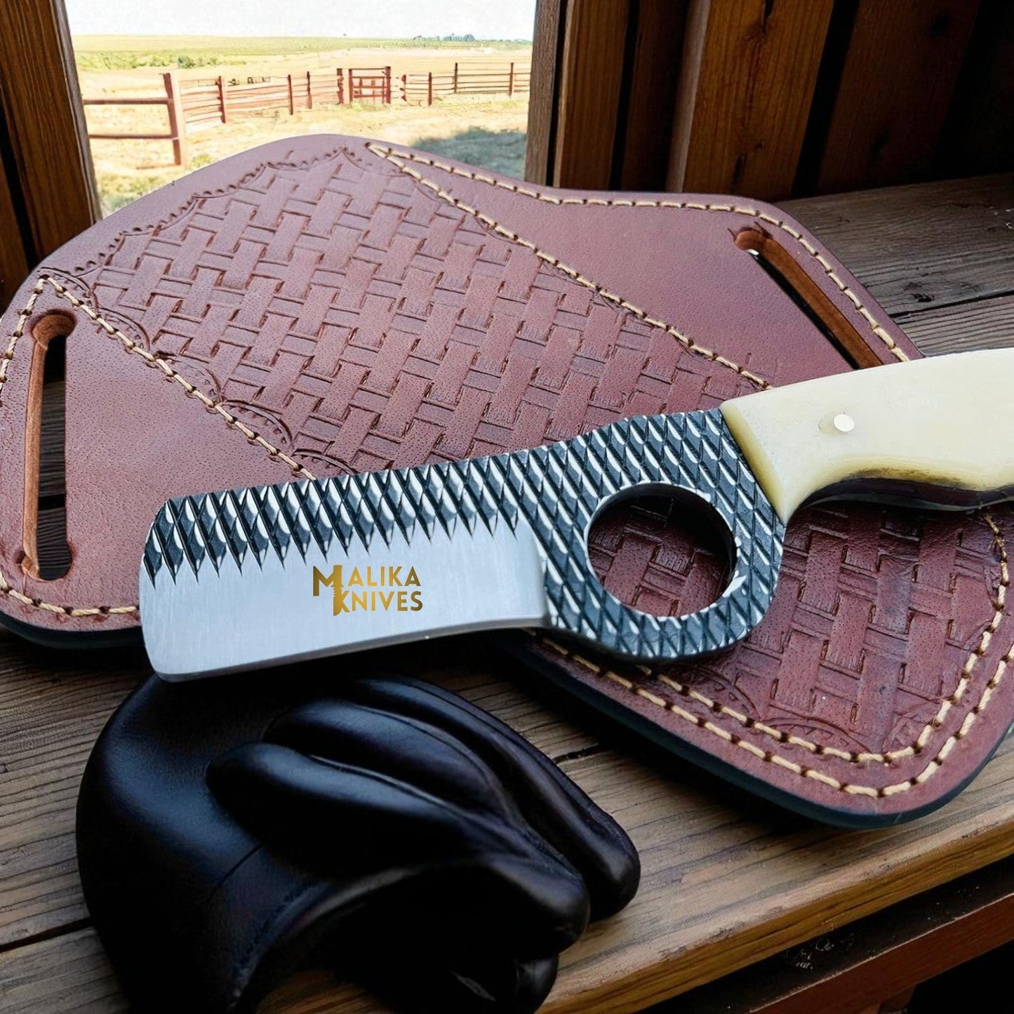 D2 Rasp Steel Bull Cutter Knife Camel Bone Handle