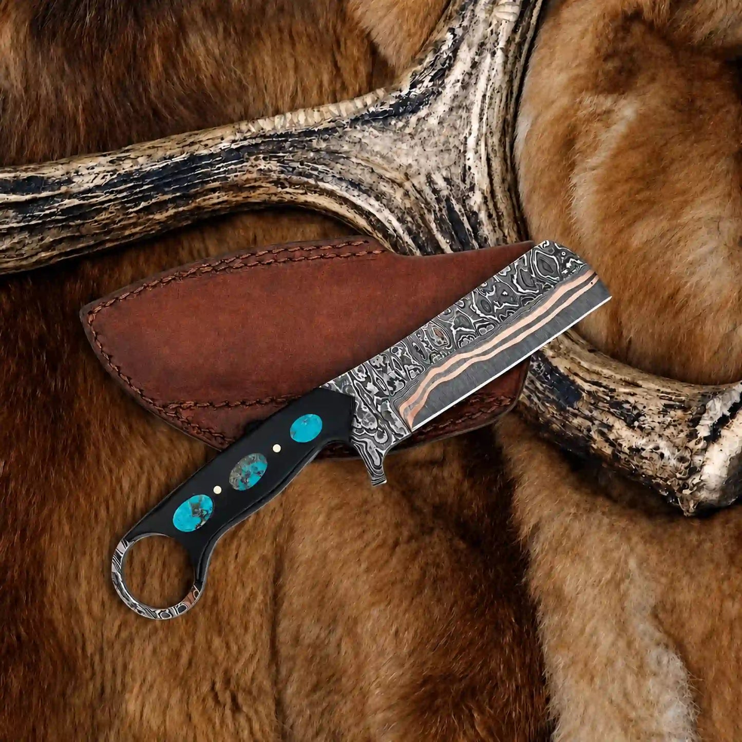 Bull Cutter Knife | Copper Damascus with Turquoise and Ring Pommel