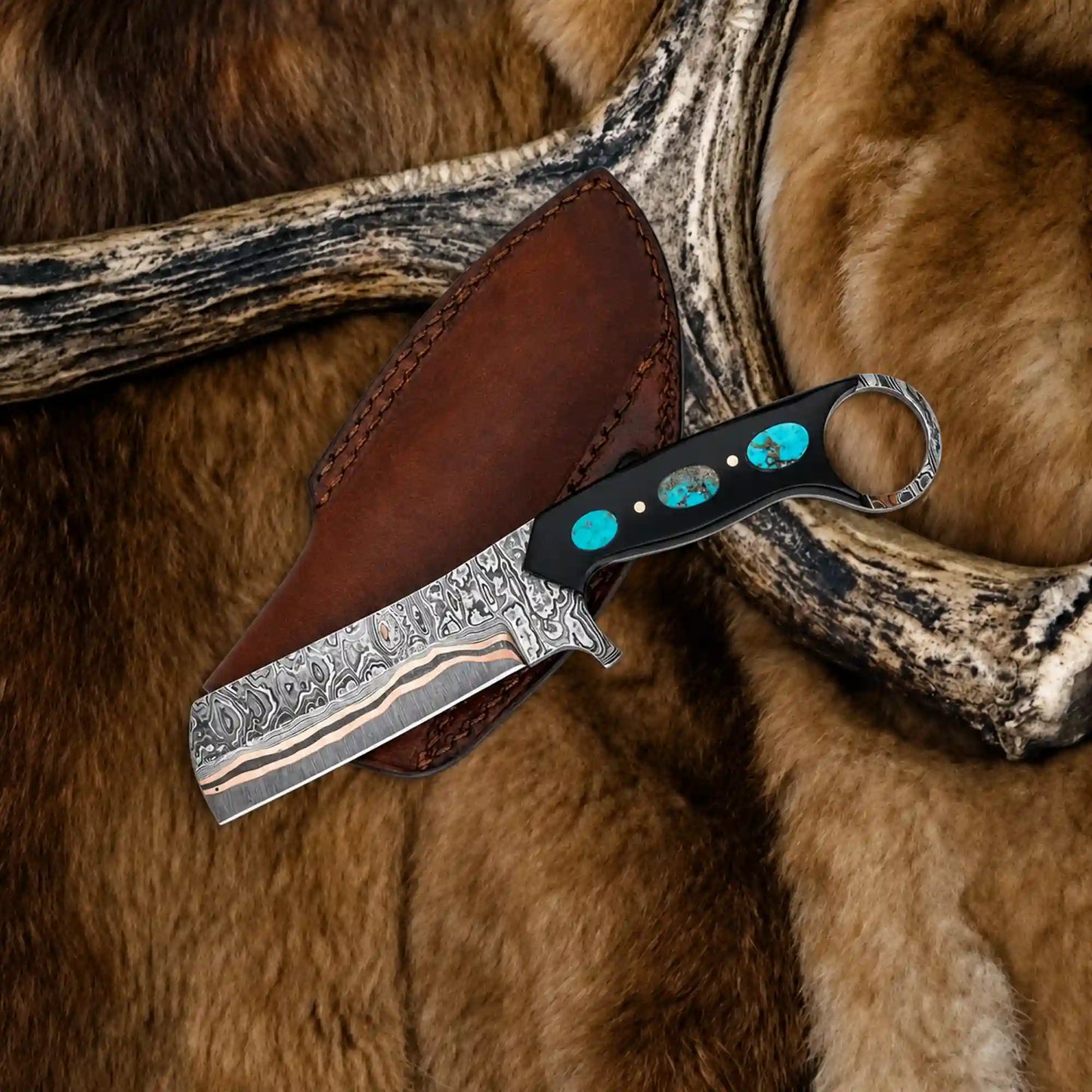 Bull Cutter Knife | Copper Damascus with Turquoise and Ring Pommel