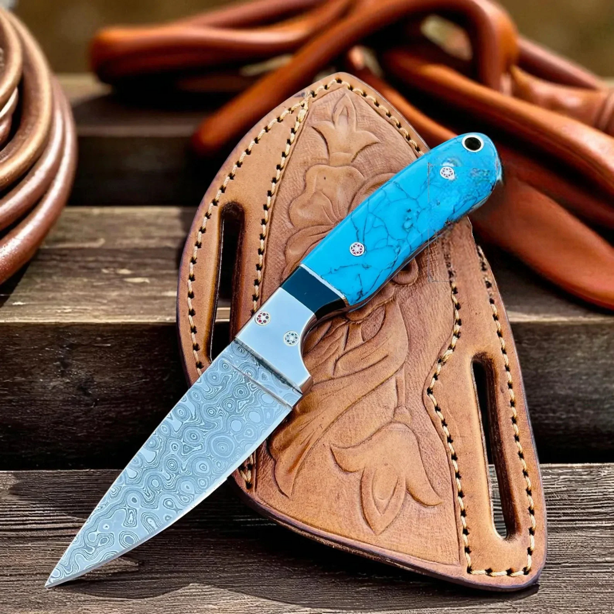 Cowboy Hunting Knife Damascus Steel Marble Handle
