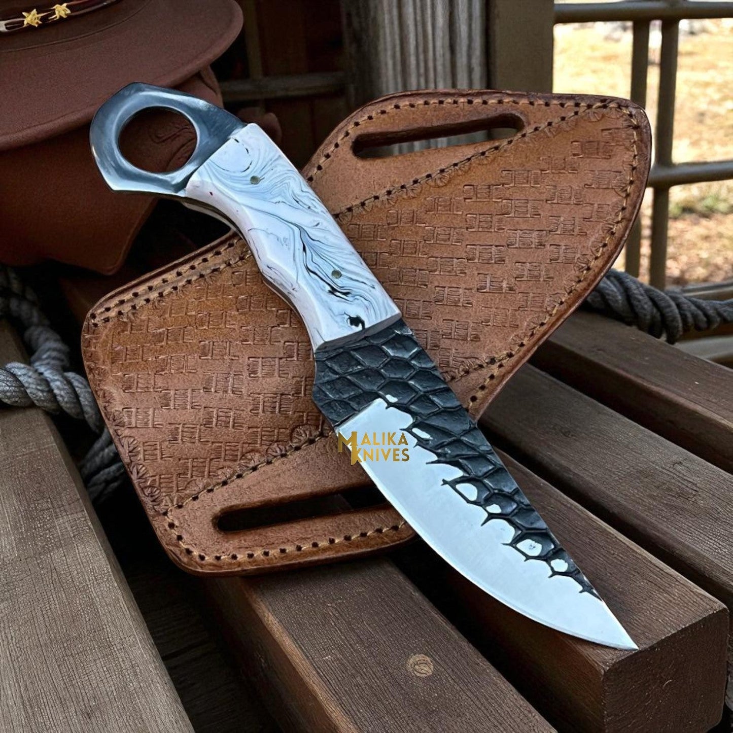 Handmade Cowboy Knife | Forged D2 Steel Blade with Resin Handle & Pancake Sheath – Ranch & Western Style